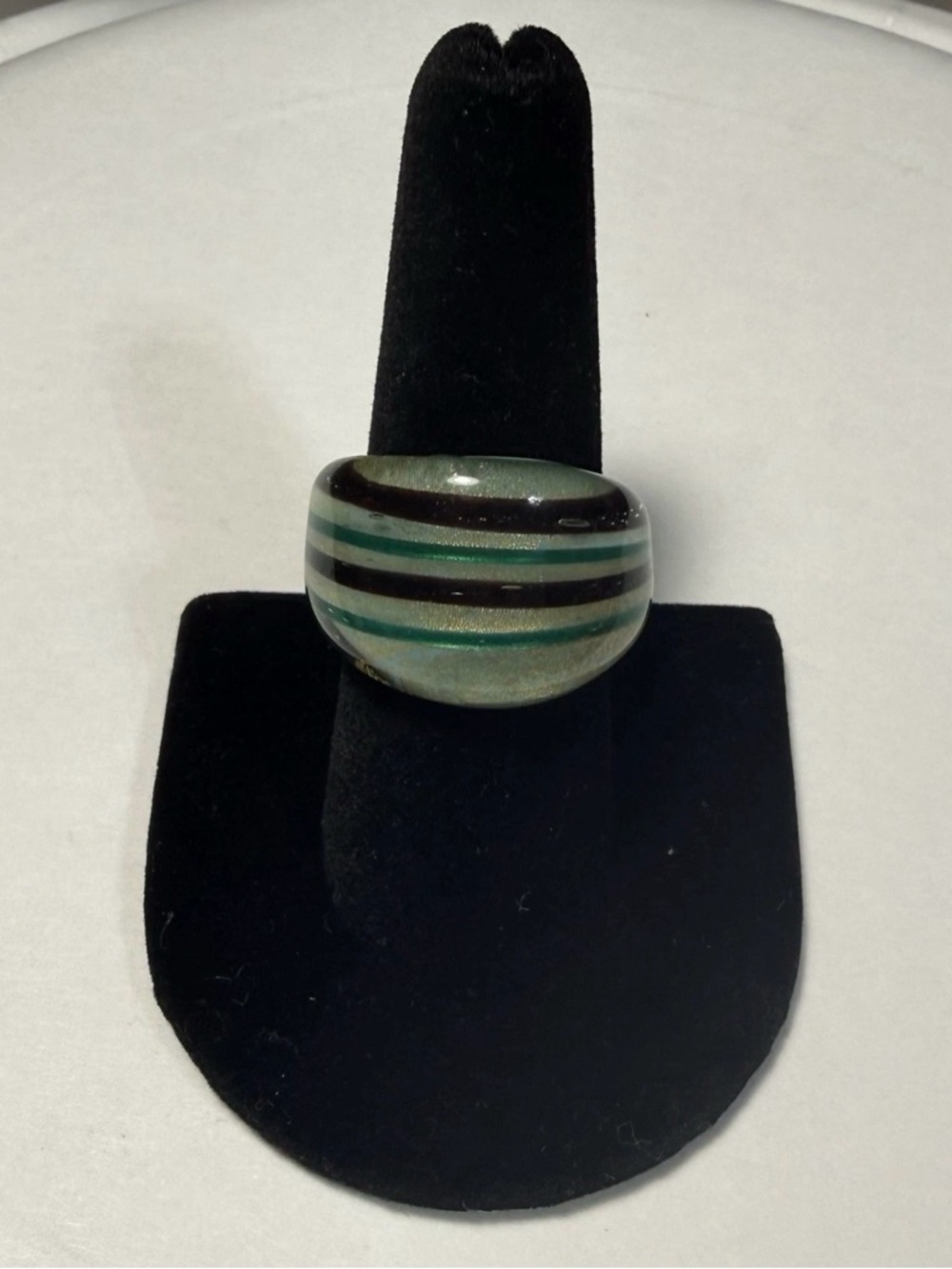 Artisan Glass Ring Made In India Size 7.5 Boho, Tribal, One of a Kind Turq/Blk